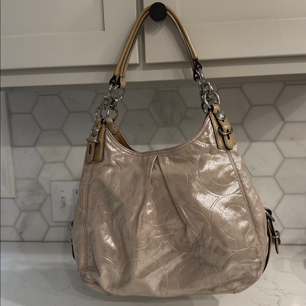 Coach Maggie Metallic Beige Quilted Shoulder Bag, EUC